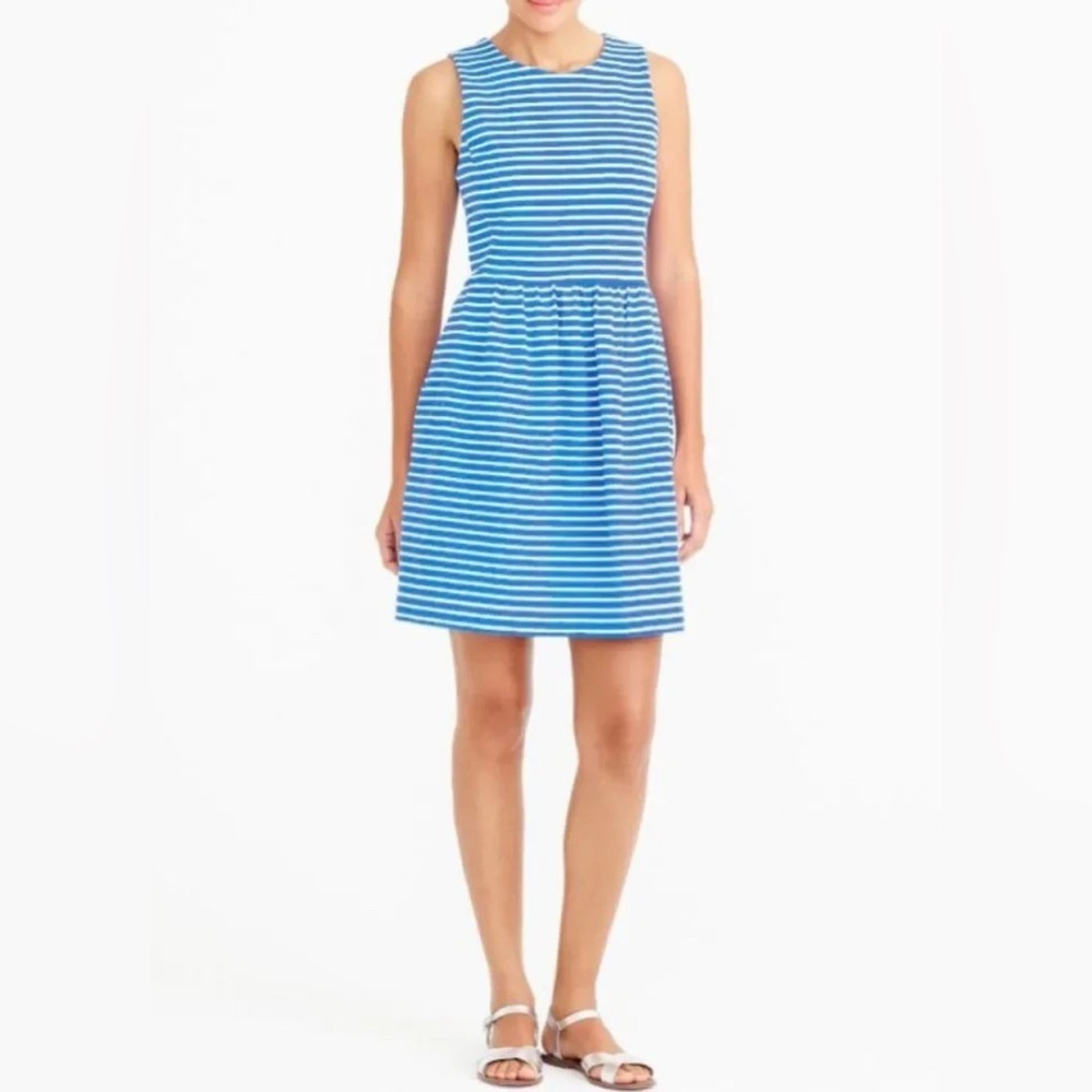 J. CREW FACTORY Striped Pleated Zip Back Ponte Dress in Bright Grotto Stripe